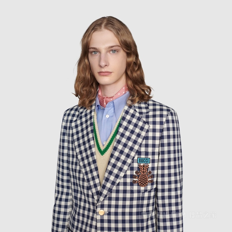 Gucci Pineapple系列格纹夹克 蓝色和白色
