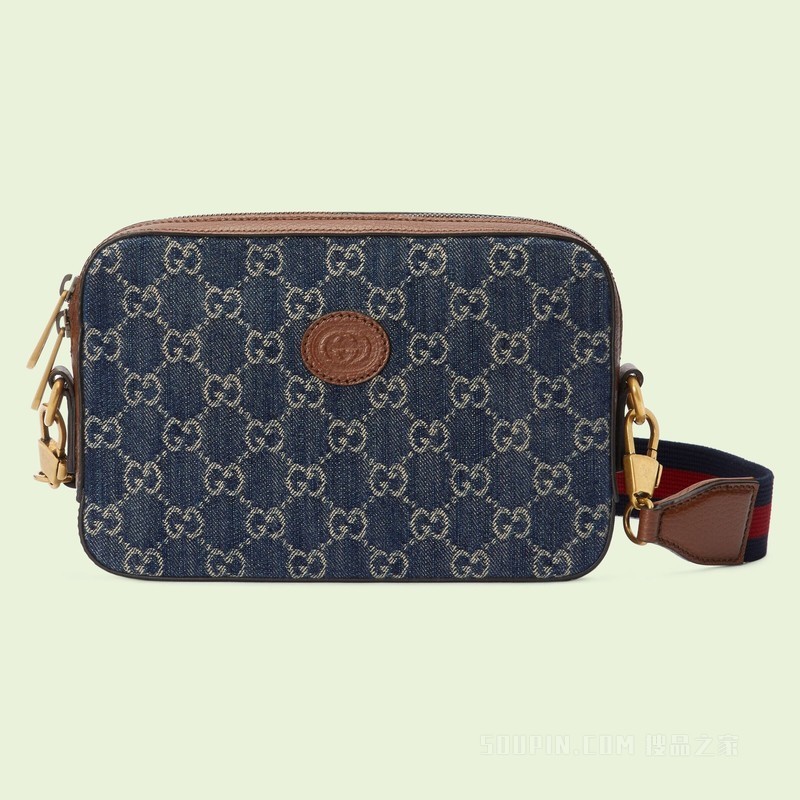 GG丹宁肩背包 蓝色和象牙白色GG丹宁面料