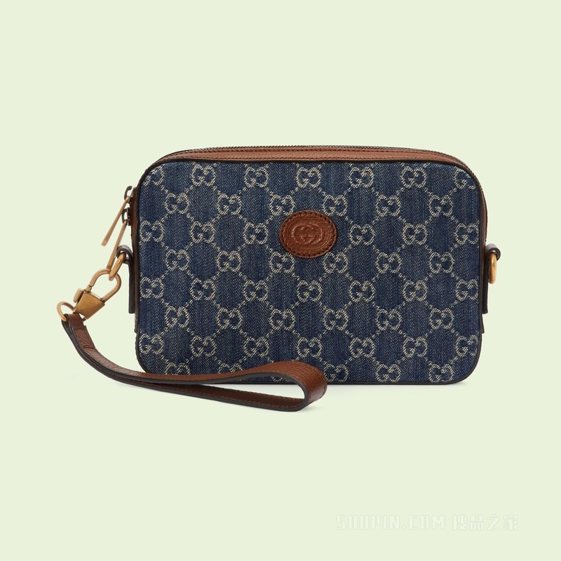 GG丹宁肩背包 蓝色和象牙白色GG丹宁面料