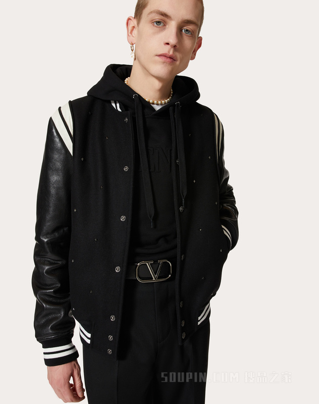 ROCKSTUD SPIKE饰铆钉羊毛和皮革飞行员夹克