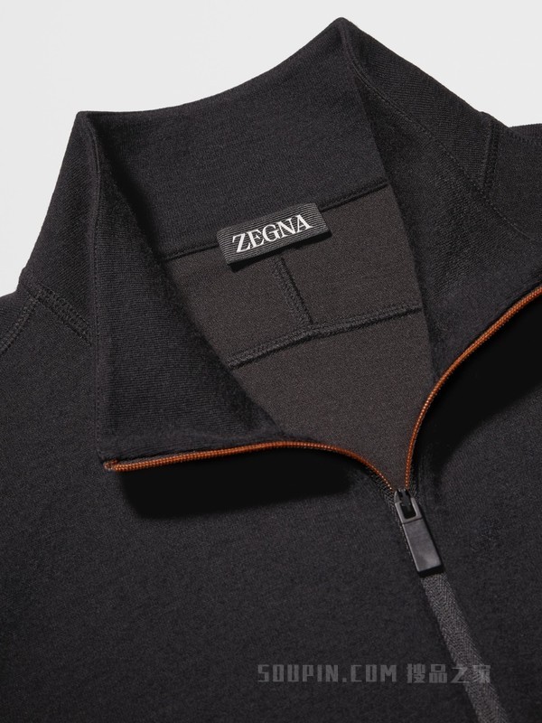 黑色 Cashmere 混纺拉链企领毛衣