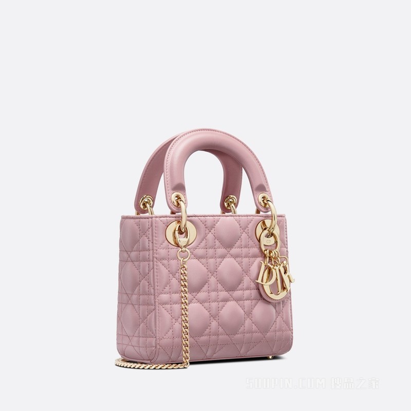 迷你 Lady Dior 手袋 复古粉色羊皮革藤格纹