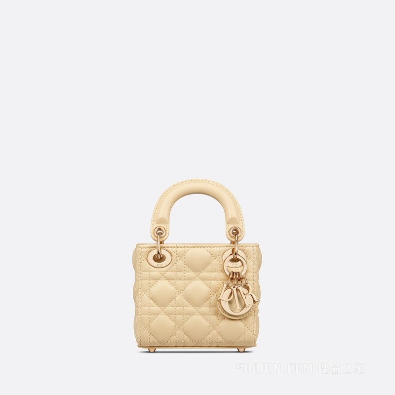超迷你 Lady Dior 手袋 浅黄色羊皮革藤格纹