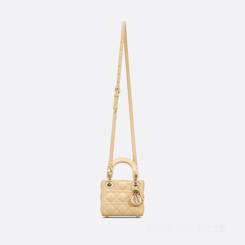 超迷你 Lady Dior 手袋 浅黄色羊皮革藤格纹