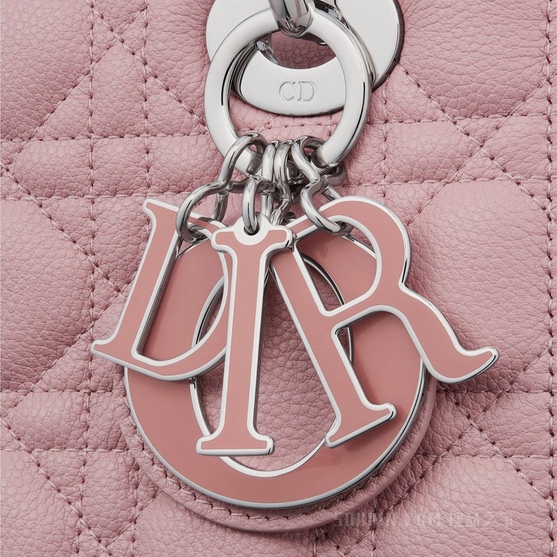 小号 Lady Dior 手袋 复古粉色粒面牛皮革藤格纹