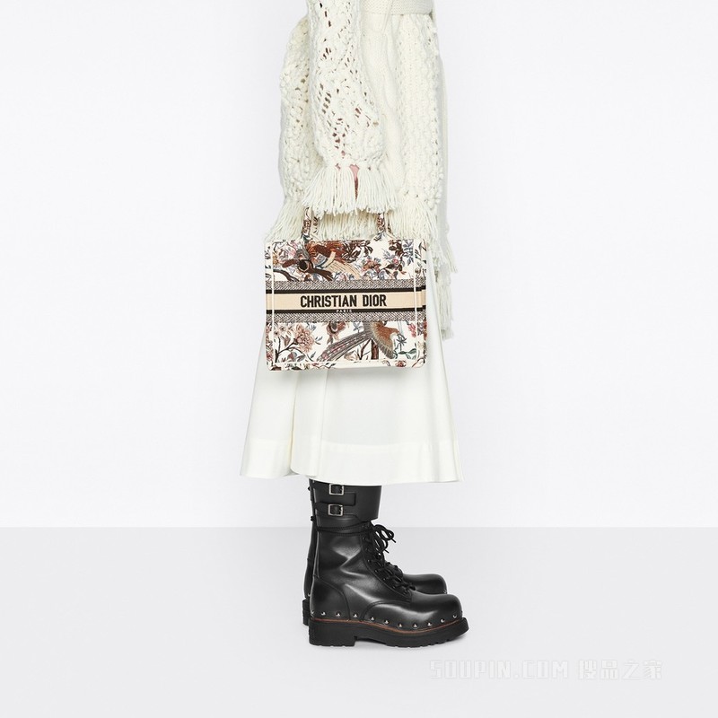 小号 Book Tote 手袋 奶白色面料多色 Dior Jardin d'Hiver 图案刺绣 (26.5 x 21 x 14 cm)