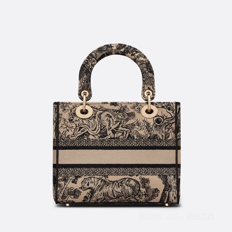 中号 Lady D-Lite 手袋 棕色面料茹伊印花刺绣
