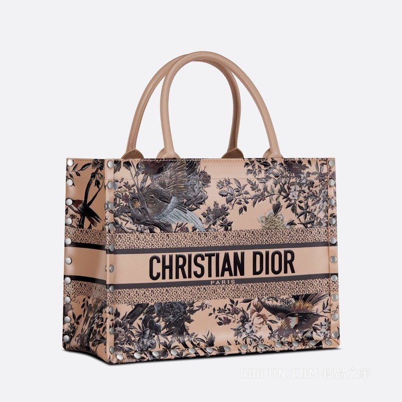 中号 Book Tote 手袋 米色牛皮革多色 Dior Jardin d'Hiver 立体手绘效果图案 (36 x 27.5 x 16.5 cm)