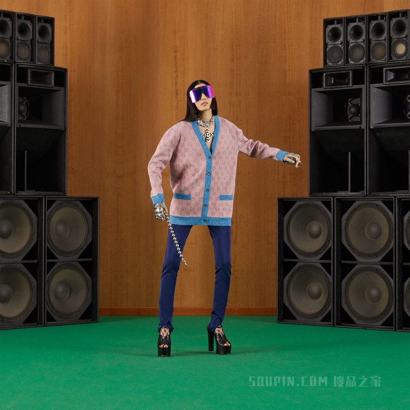 GG棉质提花开衫 粉色和蓝绿色