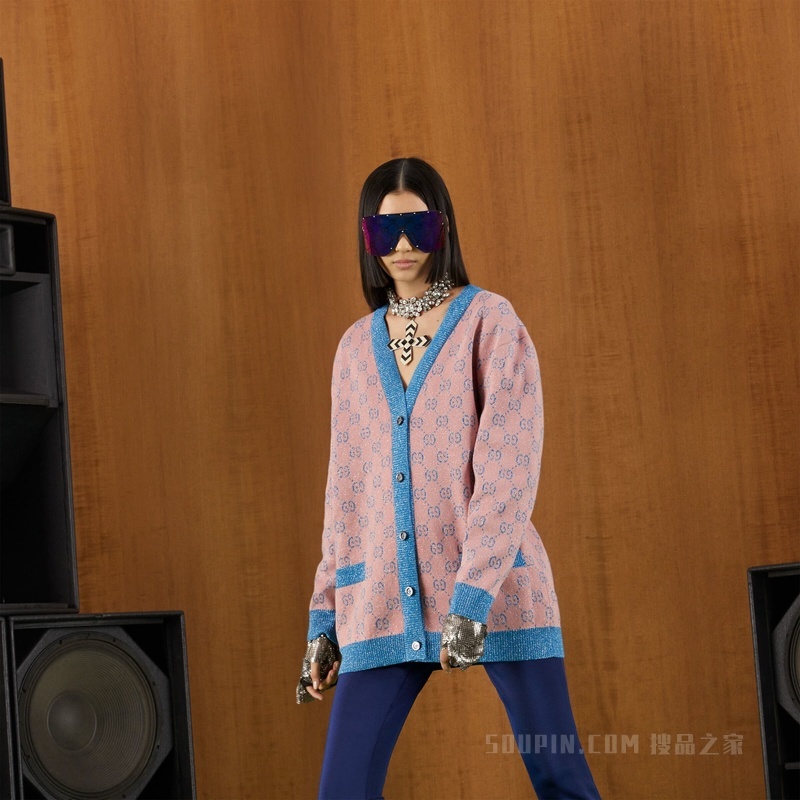 GG棉质提花开衫 粉色和蓝绿色