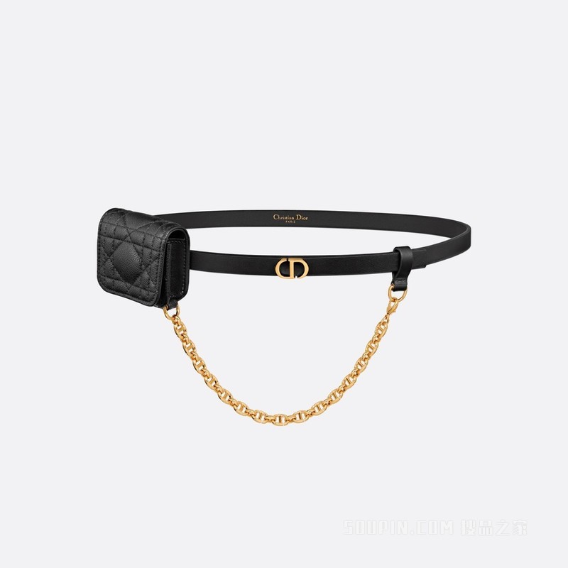 Dior Caro 腰带 15 毫米黑色光滑牛皮革和藤格纹牛皮革搭配可拆卸小包