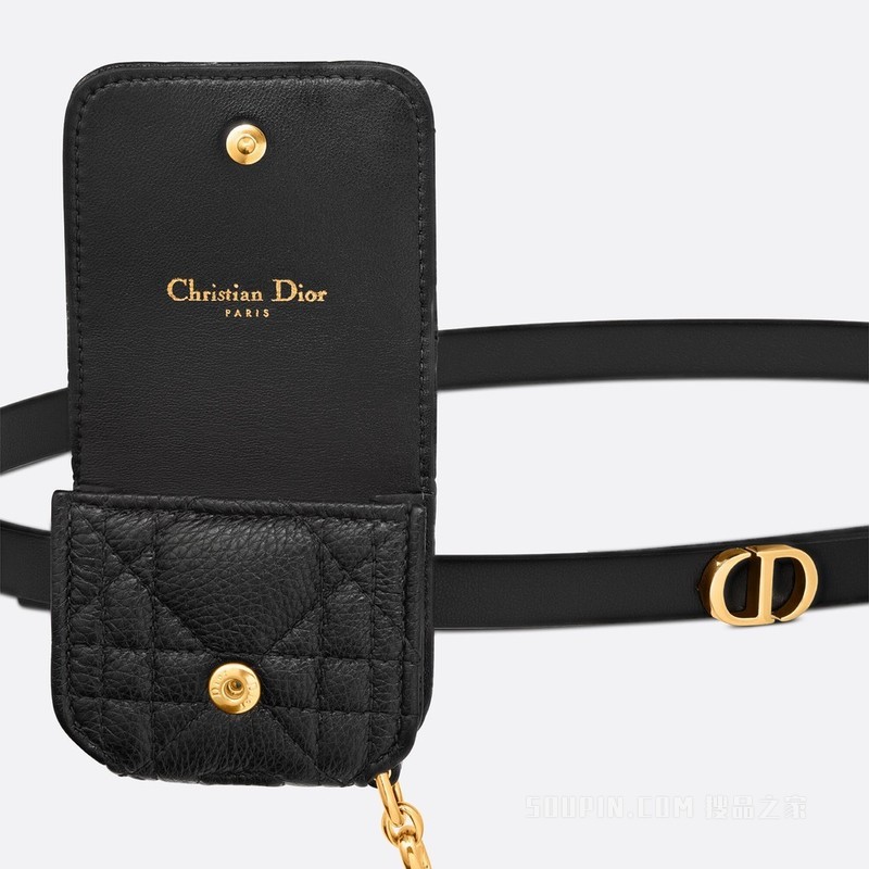 Dior Caro 腰带 15 毫米黑色光滑牛皮革和藤格纹牛皮革搭配可拆卸小包