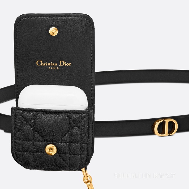 Dior Caro 腰带 15 毫米黑色光滑牛皮革和藤格纹牛皮革搭配可拆卸小包