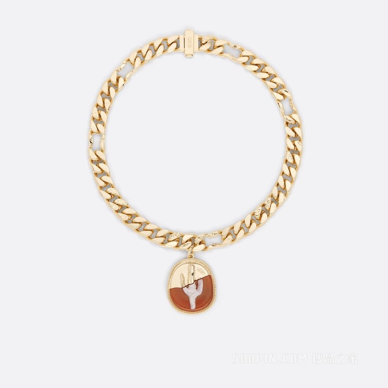 CACTUS JACK DIOR 链环项链 金色饰面黄铜, 橙色石饰和白色珍珠母贝装饰