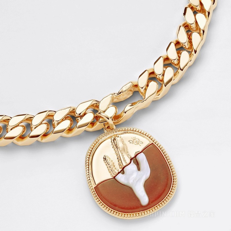 CACTUS JACK DIOR 链环项链 金色饰面黄铜, 橙色石饰和白色珍珠母贝装饰