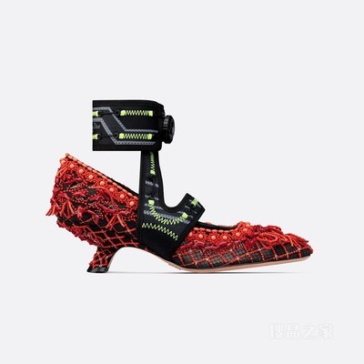Dior 62-22 高跟鞋 透明网面搭配红色珊瑚图案珠饰刺绣和黑色科技面料
