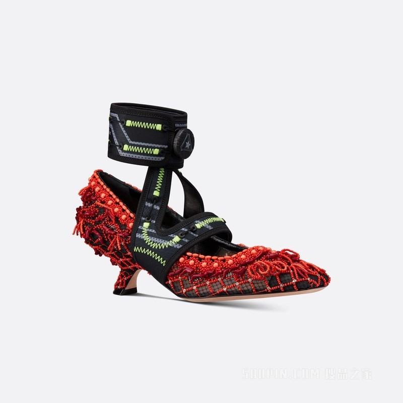 Dior 62-22 高跟鞋 透明网面搭配红色珊瑚图案珠饰刺绣和黑色科技面料