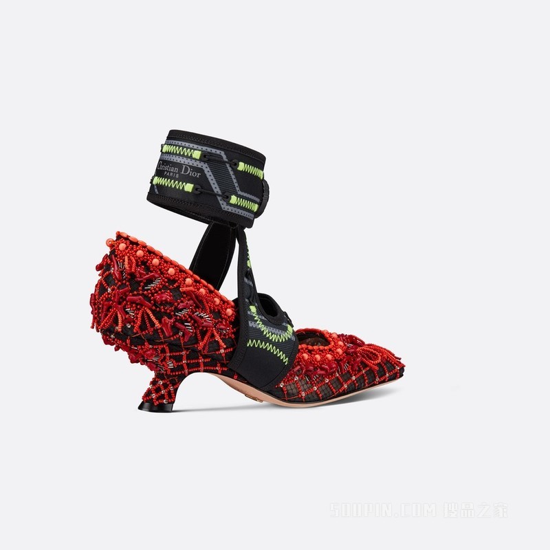 Dior 62-22 高跟鞋 透明网面搭配红色珊瑚图案珠饰刺绣和黑色科技面料