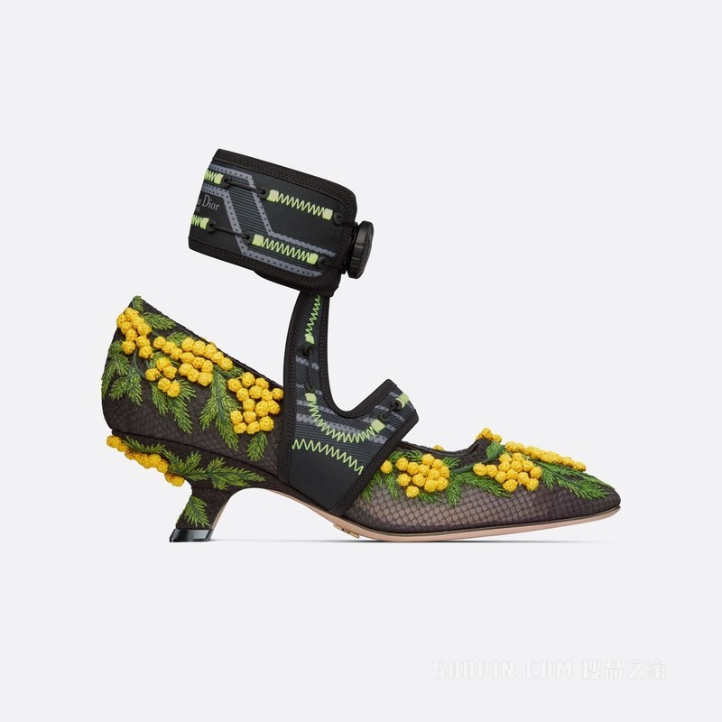 Dior 62-22 高跟鞋 黑色透明网面和科技面料黄色和绿色含羞草图案刺绣
