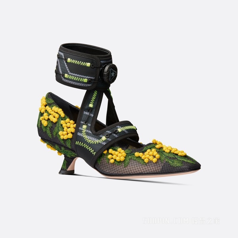 Dior 62-22 高跟鞋 黑色透明网面和科技面料黄色和绿色含羞草图案刺绣