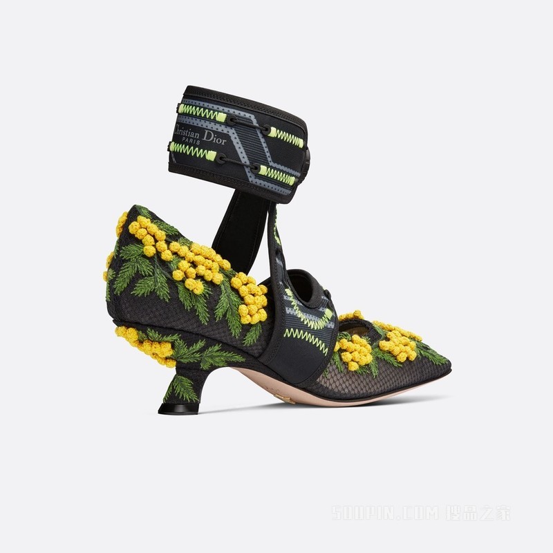 Dior 62-22 高跟鞋 黑色透明网面和科技面料黄色和绿色含羞草图案刺绣