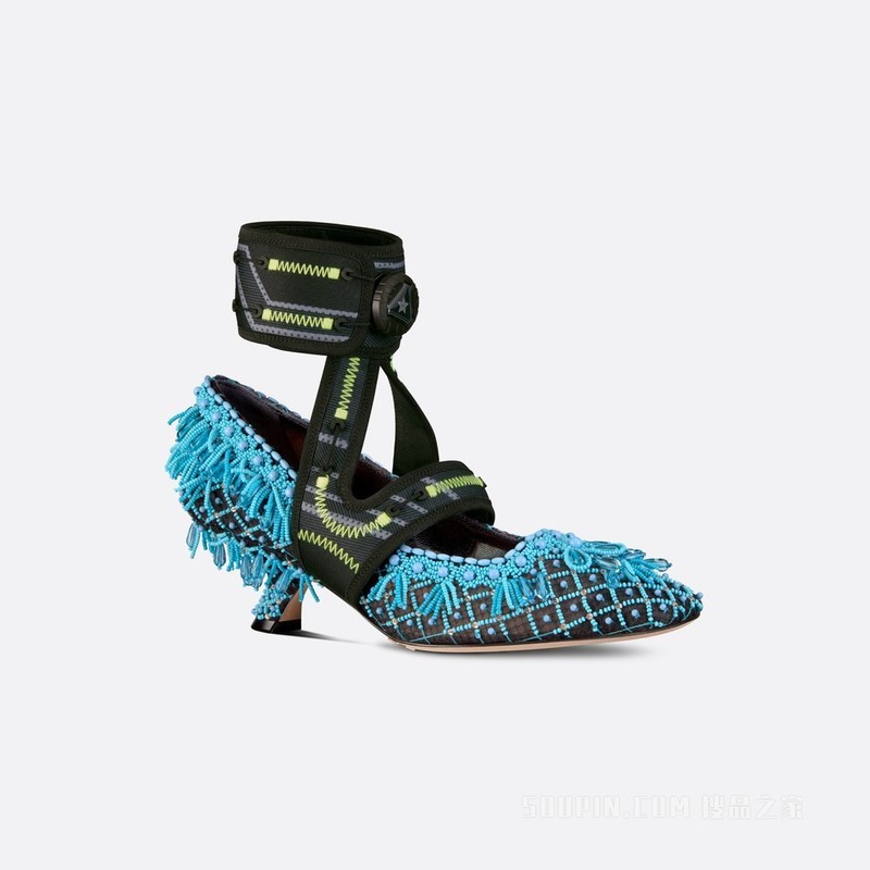 Dior 62-22 高跟鞋 透明网面搭配蓝绿色珠饰刺绣和黑色科技面料