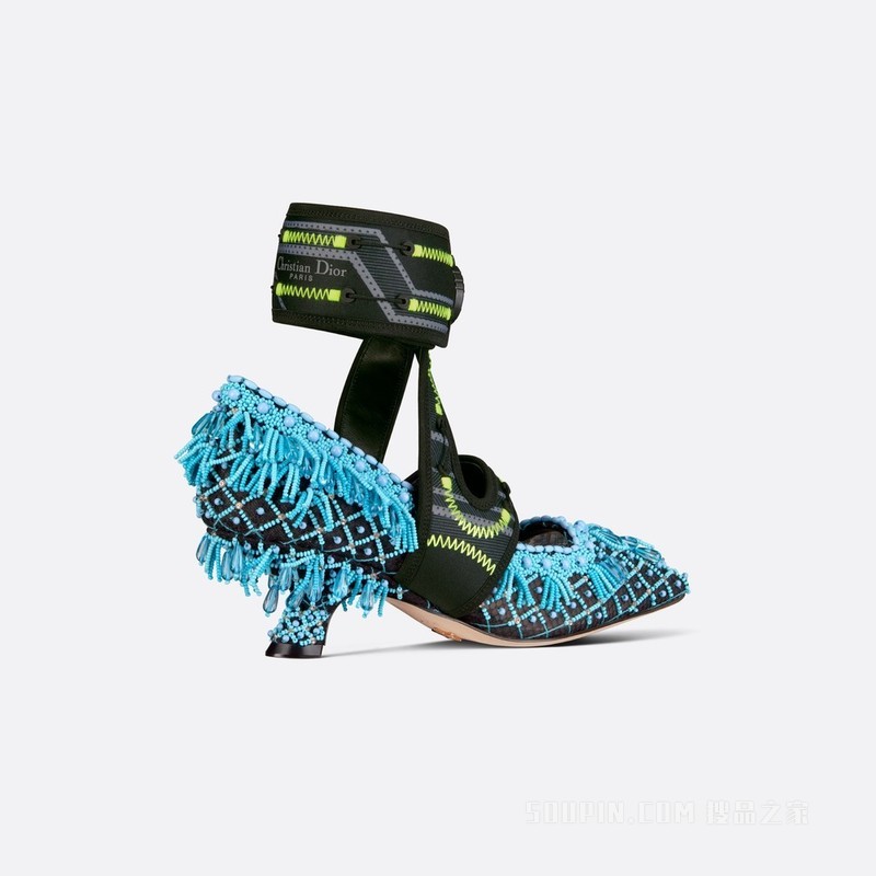 Dior 62-22 高跟鞋 透明网面搭配蓝绿色珠饰刺绣和黑色科技面料