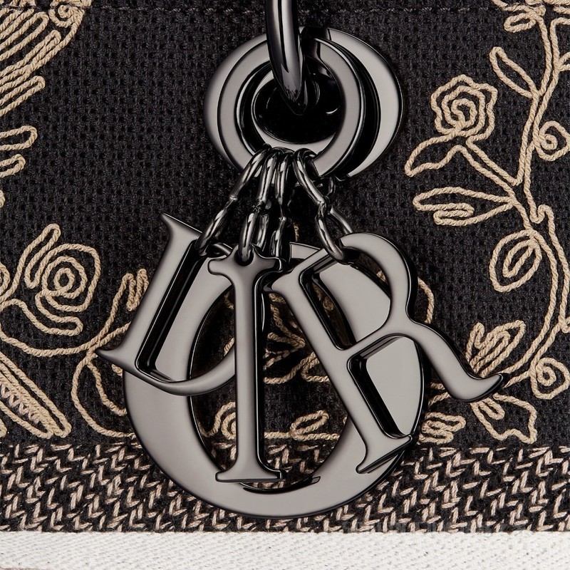 中号 Lady D-Lite 手袋 黑色面料线迹效果 Dior Jardin d'Hiver 图案刺绣