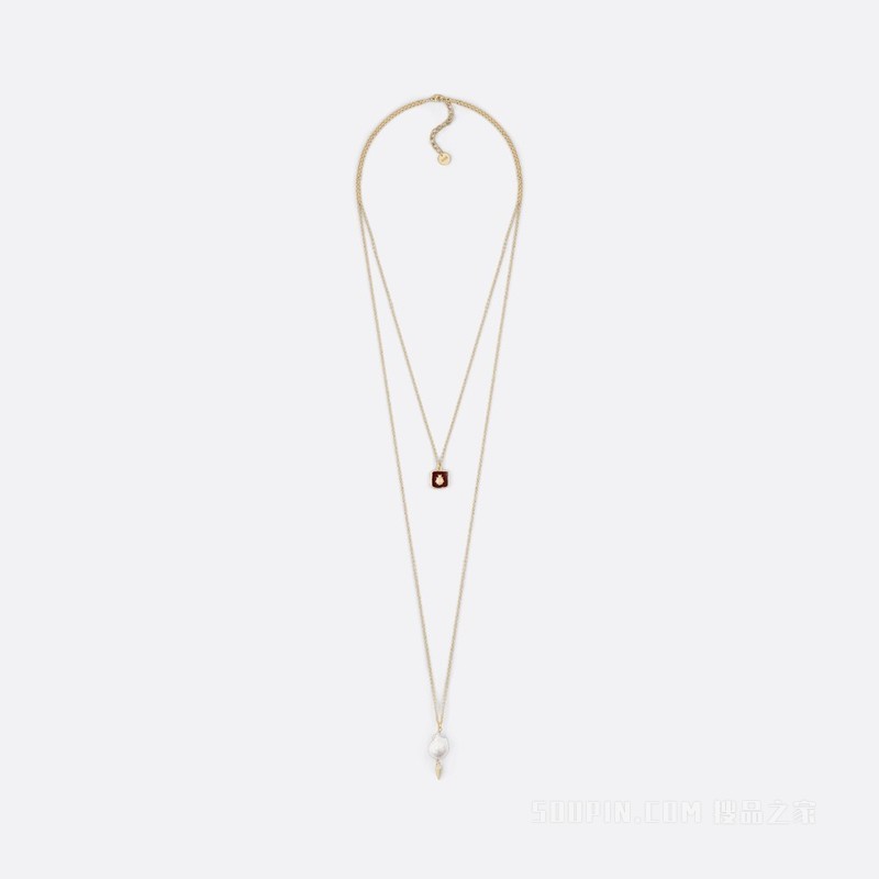 Jardin d'Hiver 多链条项链 金色饰面金属搭配白色珍珠和红色树脂装饰