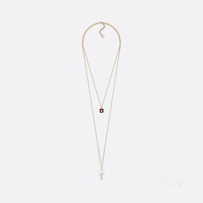 Jardin d'Hiver 多链条项链 金色饰面金属搭配白色珍珠和红色树脂装饰