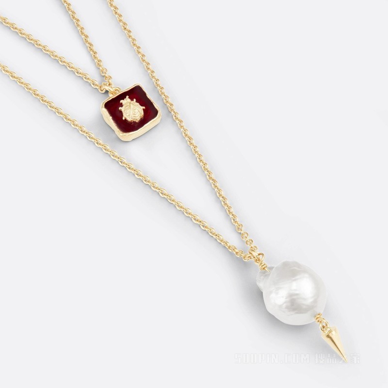 Jardin d'Hiver 多链条项链 金色饰面金属搭配白色珍珠和红色树脂装饰