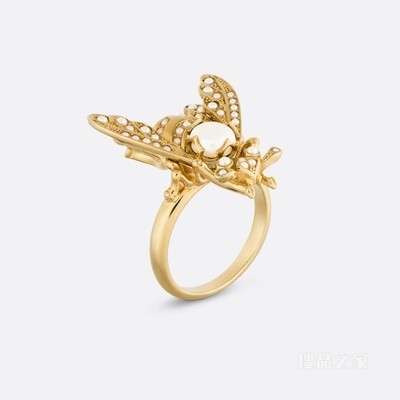 D-Bee 戒指 金色饰面金属和白色树脂珠饰