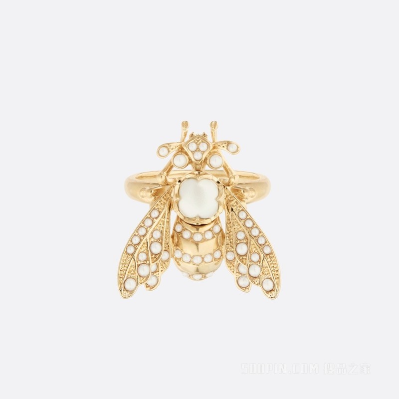 D-Bee 戒指 金色饰面金属和白色树脂珠饰