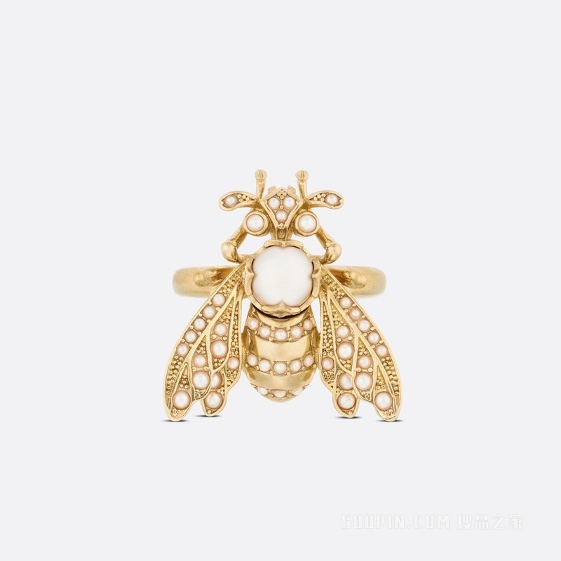 D-Bee 戒指 金色饰面金属和白色树脂珠饰