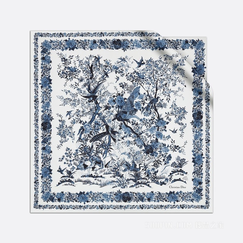 Dior 印花方巾 象牙色和蓝色桑蚕丝斜纹面料 Dior Jardin d'Hiver 印花