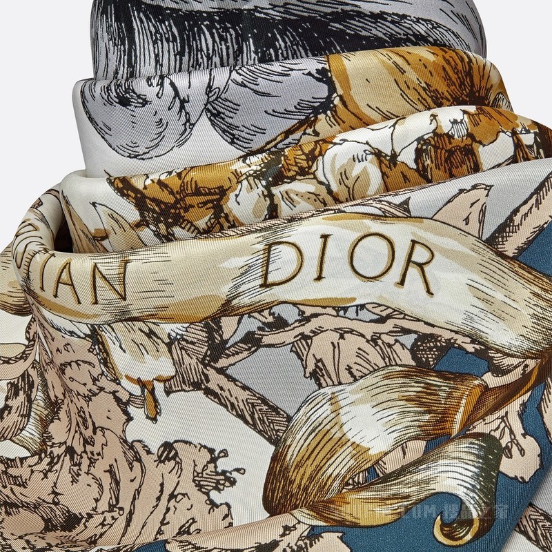 Dior 印花方巾 海军蓝色和榛果色桑蚕丝斜纹面料 La Force Tarot 印花