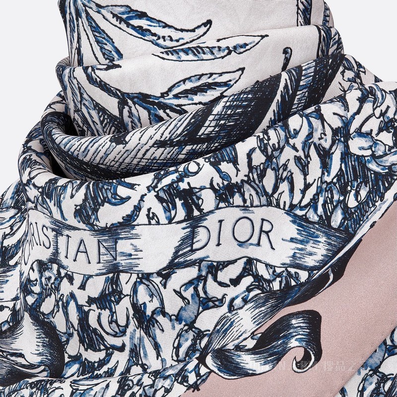 Dior 印花方巾 复古粉色和丹宁蓝色桑蚕丝斜纹面料 L'Impératrice Tarot 印花