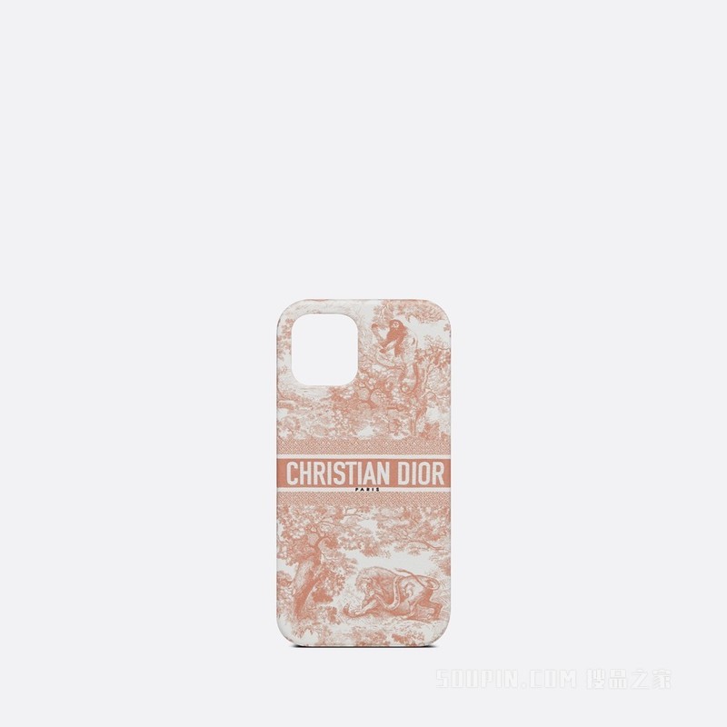 DiorTravel iPhone 13 Pro 手机壳 玫瑰粉色光滑牛皮革茹伊印花