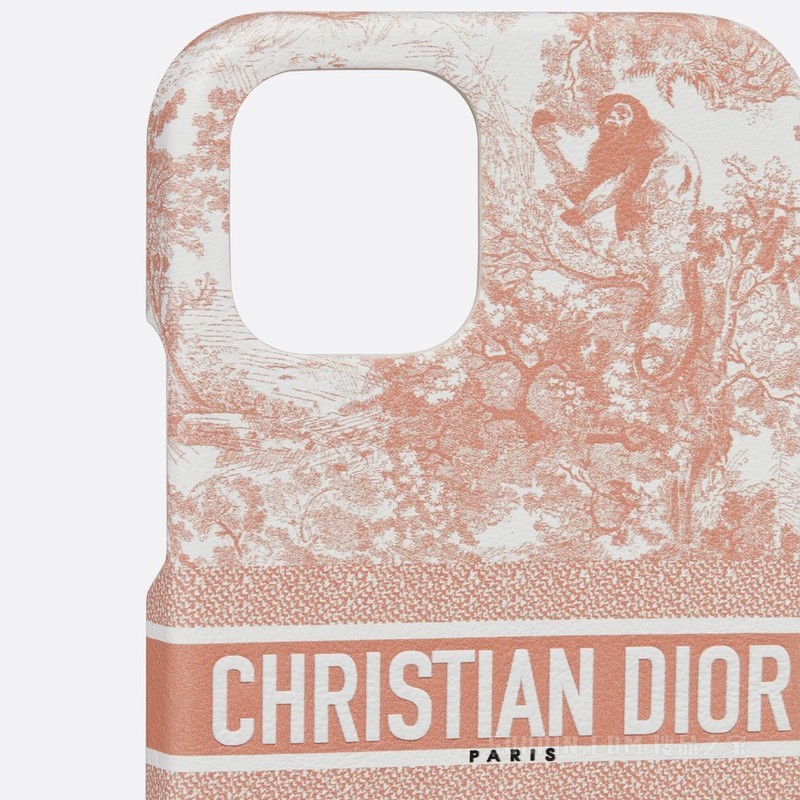 DiorTravel iPhone 13 Pro 手机壳 玫瑰粉色光滑牛皮革茹伊印花