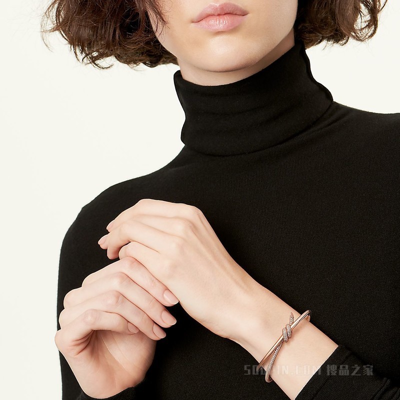 Tiffany Knot 系列 18K 玫瑰金镶钻双行铰链手镯