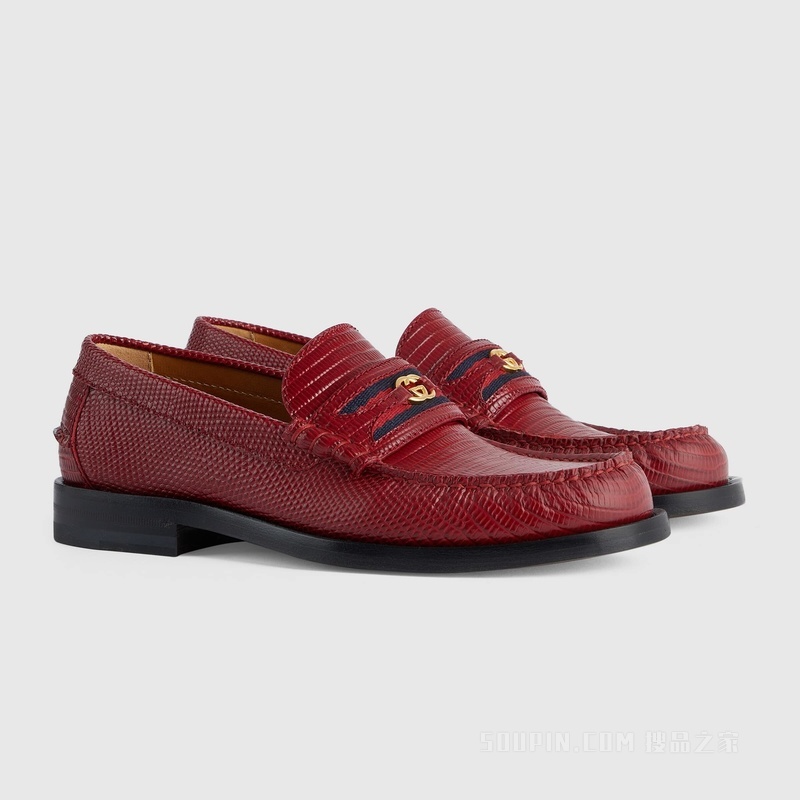Gucci Lovelight系列饰互扣式双G蜥蜴皮乐福鞋 红色