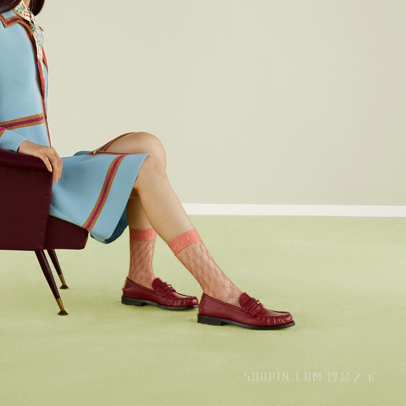 Gucci Lovelight系列饰互扣式双G蜥蜴皮乐福鞋 红色