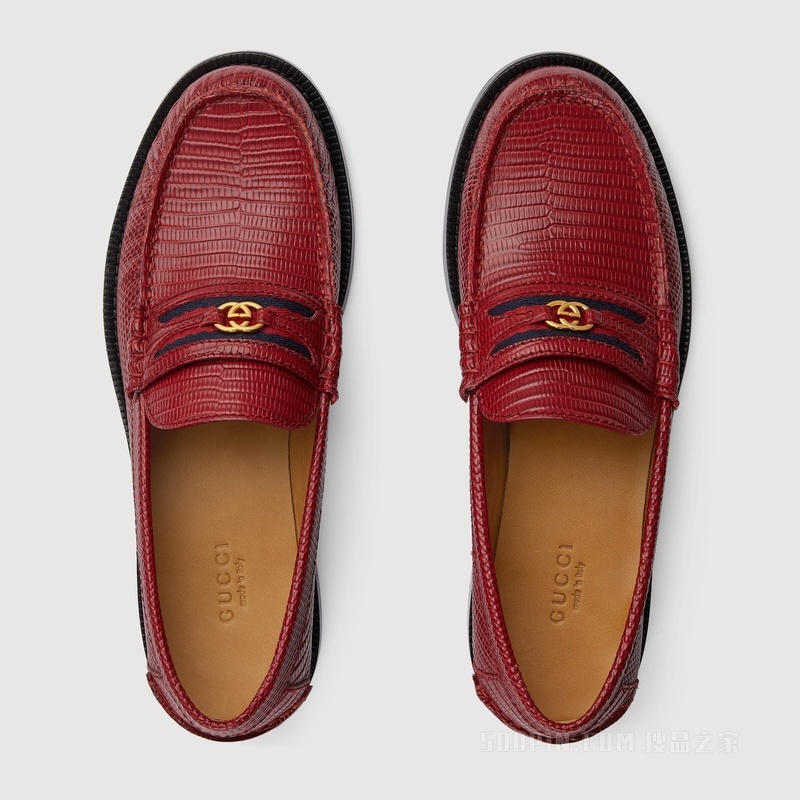 Gucci Lovelight系列饰互扣式双G蜥蜴皮乐福鞋 红色