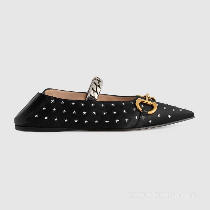 Gucci Lovelight系列饰马衔扣芭蕾平底鞋 黑色丝缎