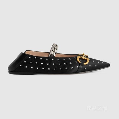 Gucci Lovelight系列饰马衔扣芭蕾平底鞋 黑色丝缎