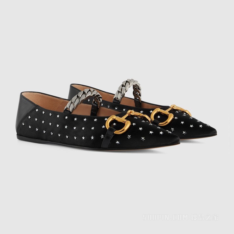 Gucci Lovelight系列饰马衔扣芭蕾平底鞋 黑色丝缎