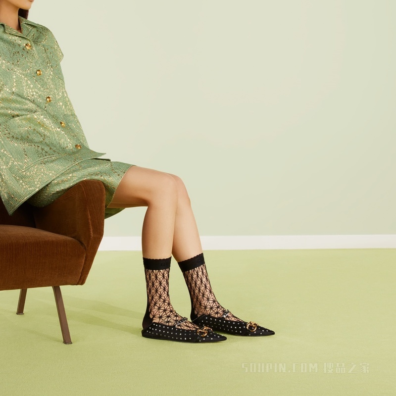Gucci Lovelight系列饰马衔扣芭蕾平底鞋 黑色丝缎