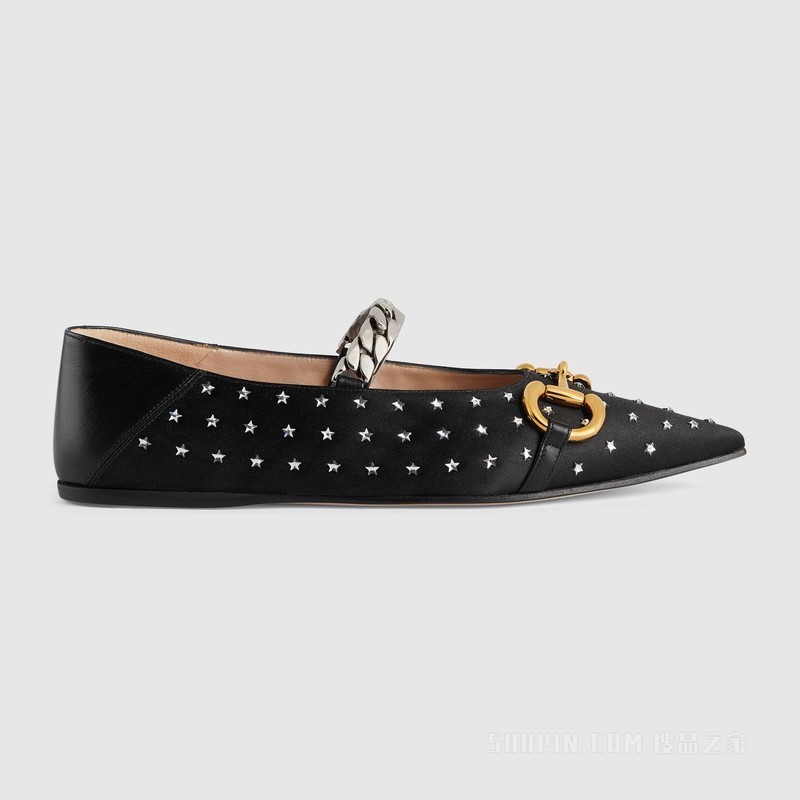 Gucci Lovelight系列饰马衔扣芭蕾平底鞋 黑色丝缎