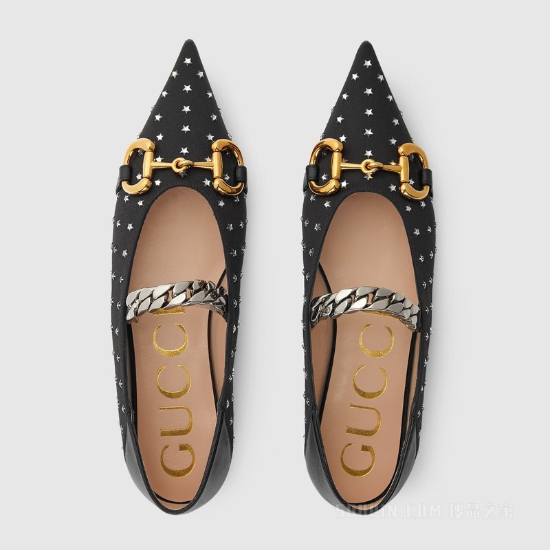 Gucci Lovelight系列饰马衔扣芭蕾平底鞋 黑色丝缎