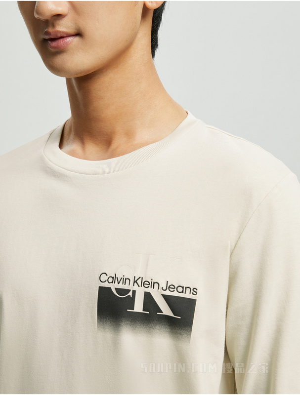 Calvin Klein 22秋冬新款男士时尚纯棉交叠刺绣印花透气长袖T恤J322331
